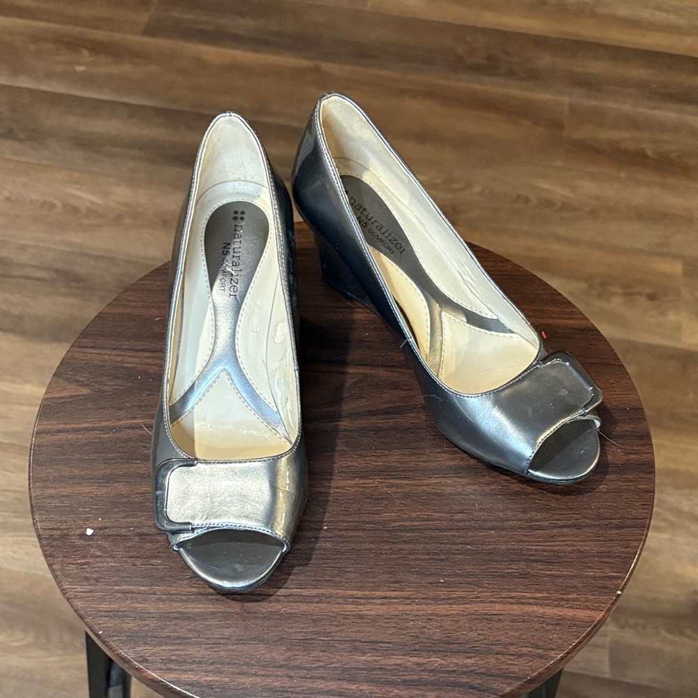 Naturalizer Silver Peep-Toe Wedges